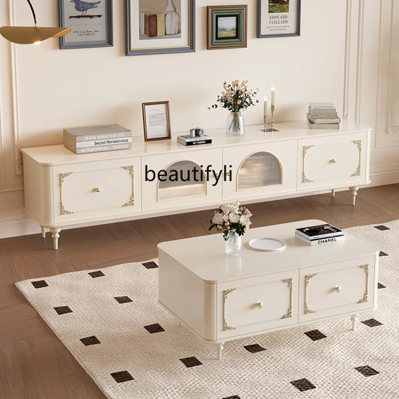 

French Cream Style Solid Wood TV Cabinet Living Room Coffee Table Combination Paint TV Stand