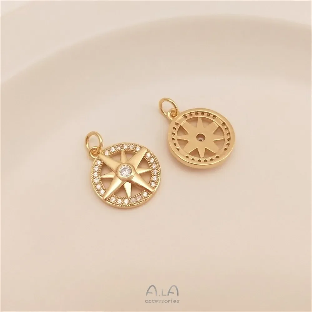 14K Gold-plated Micro-inlaid Zircon Eight-awned Star Round Pendant Diy Bracelet Charm Pendant K093