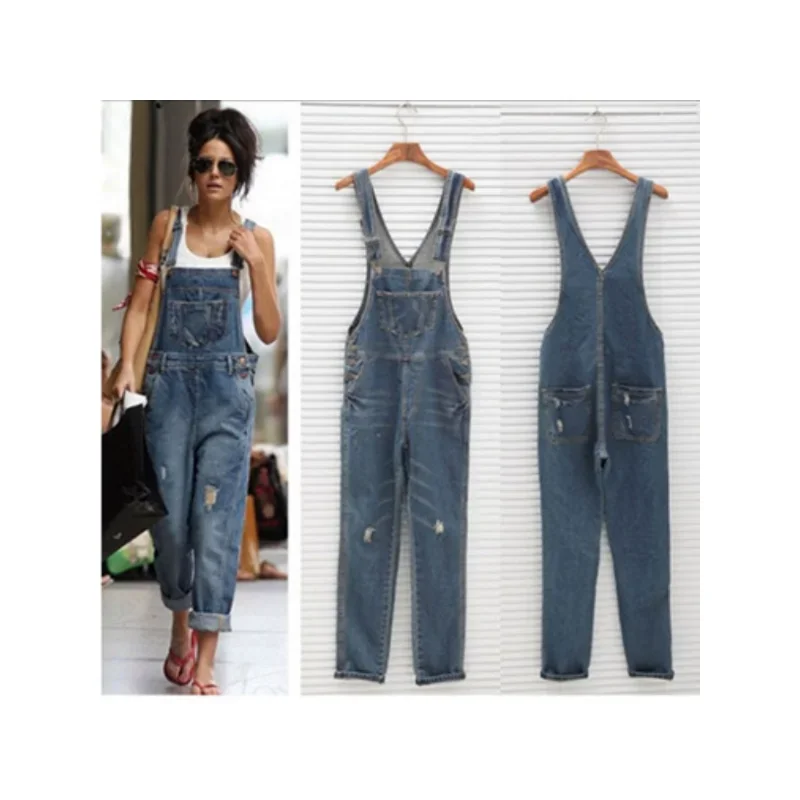 

Spring And Autumn New Ripped Denim Suspenders Pants Women's Straight Trousers S-3XL