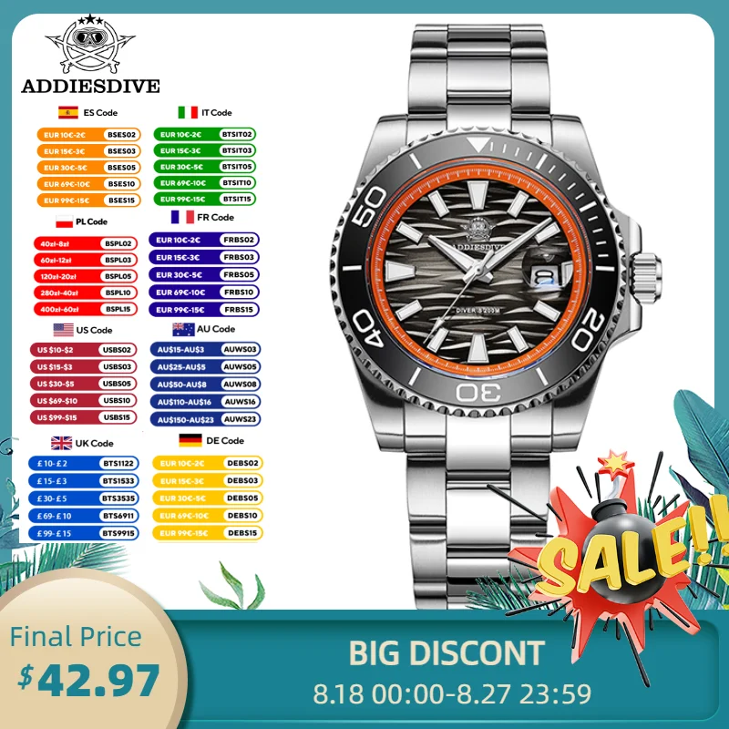 

ADDIESDIVE 2025 New Quartz Watches For Men 41mm Wave Dial Bubble Mirror Glass 200m Waterproof Diver Watch Luminous reloj hombre