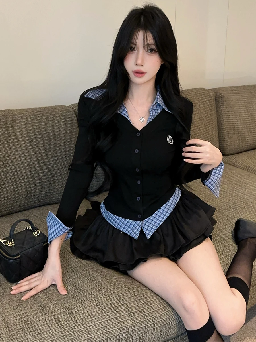 Sweet Cool School Style Short Skirt Set High Waist Bloomers Slim Fit Asymmetrical Color Block JK Uniform Top Bottom Ensemble