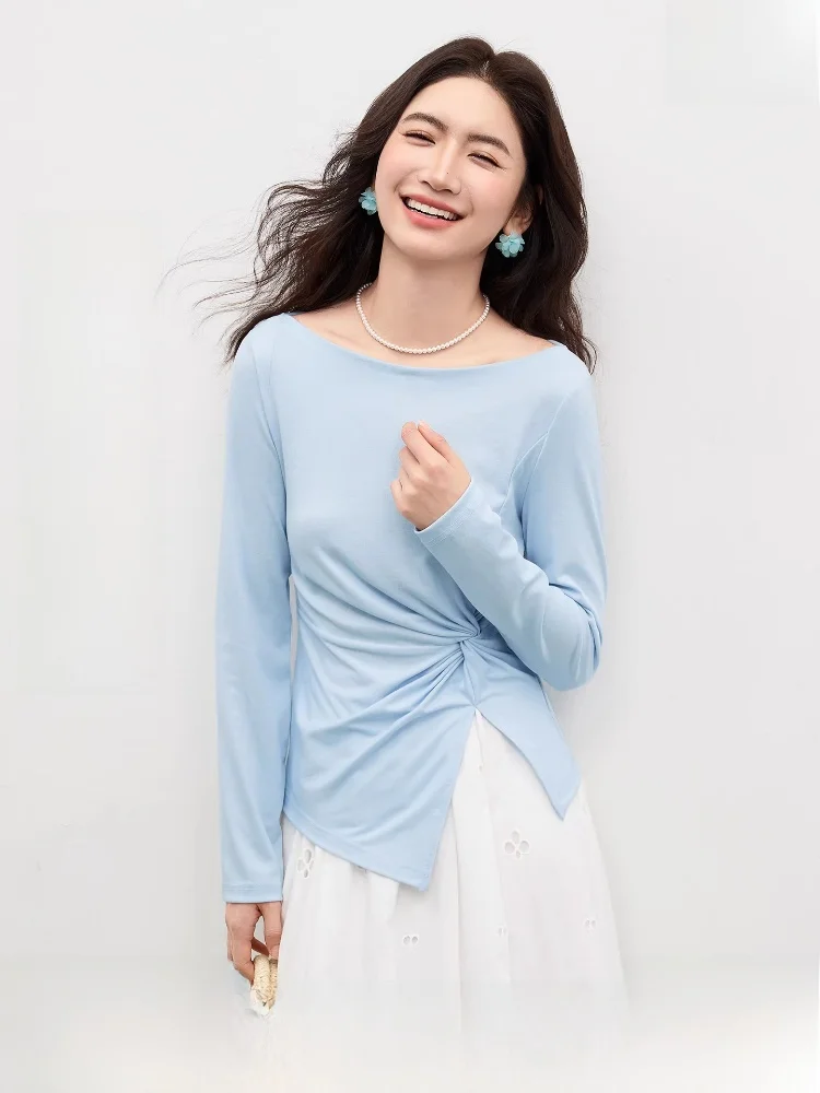 

Женская вязаная футболка с драпировкой на талии, на одно плечо, базовая модель, весенняя коллекция, стандартный рукав, длинный вырез, простой стиль