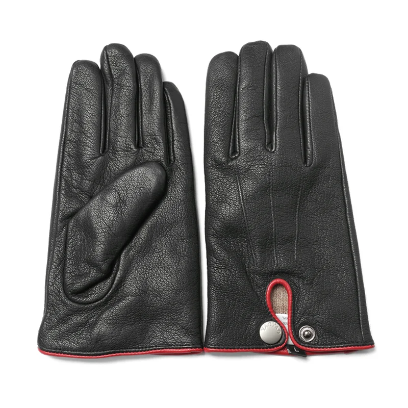 Genuine Leather Gloves For Men Winter Fleece Thickened Warm Riding Mittens Male One Button Red Edge Driving Touch Screen Luvas