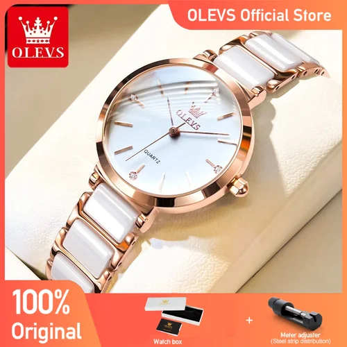 OLEVS, nueva moda, correa de reloj de cerámica, reloj de cuarzo para mujer, reloj de marca de lujo resistente al agua para mujer, reloj con fecha, regalo