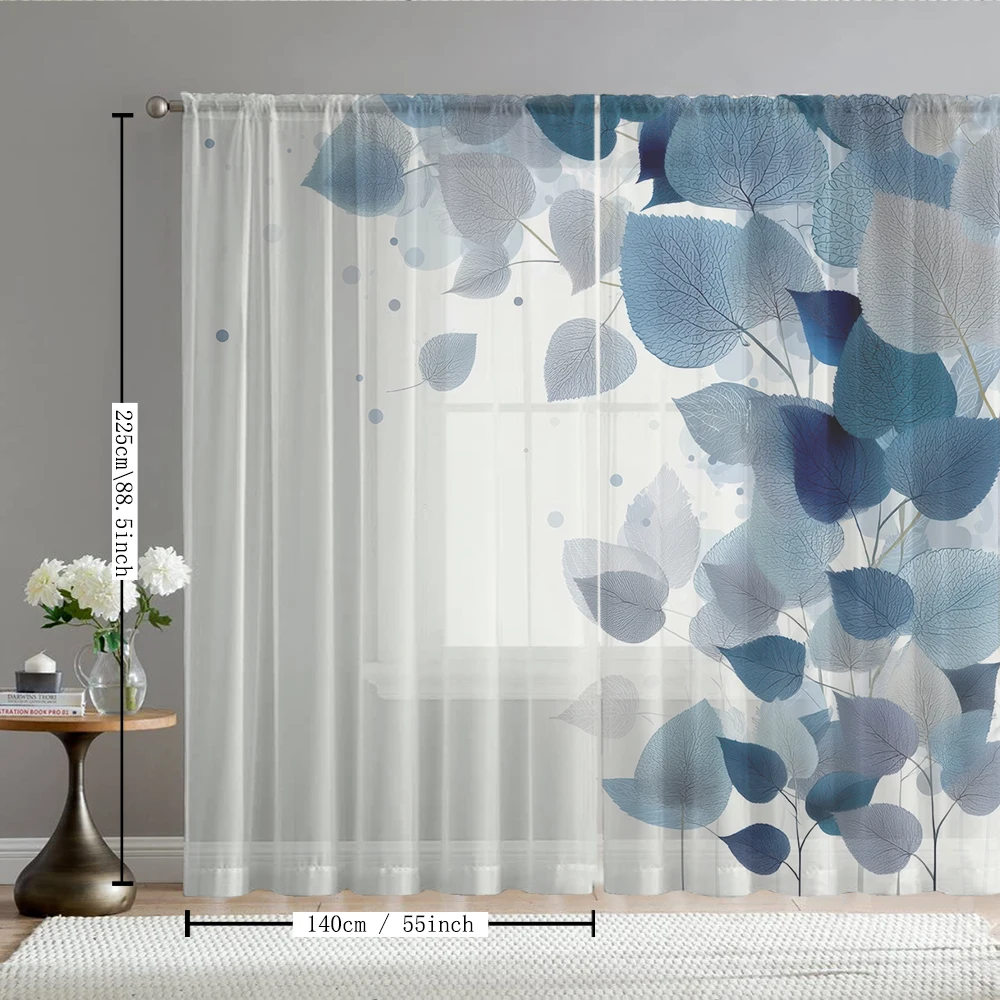 2Pcs Gray And Blue Leaf Print Home Decoration Window Screens Suitable For Coffee Shops, Restaurants, Bedrooms
