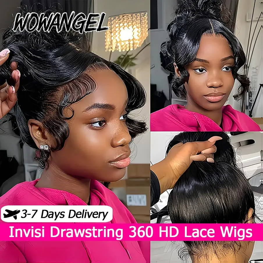 

WOWANGEL Парик с невидимым ремешком, 360-градусный, полностью кружевной, без клея, с эффектом естественной волны, из натуральных человеческих волос, с невидимым шнурком