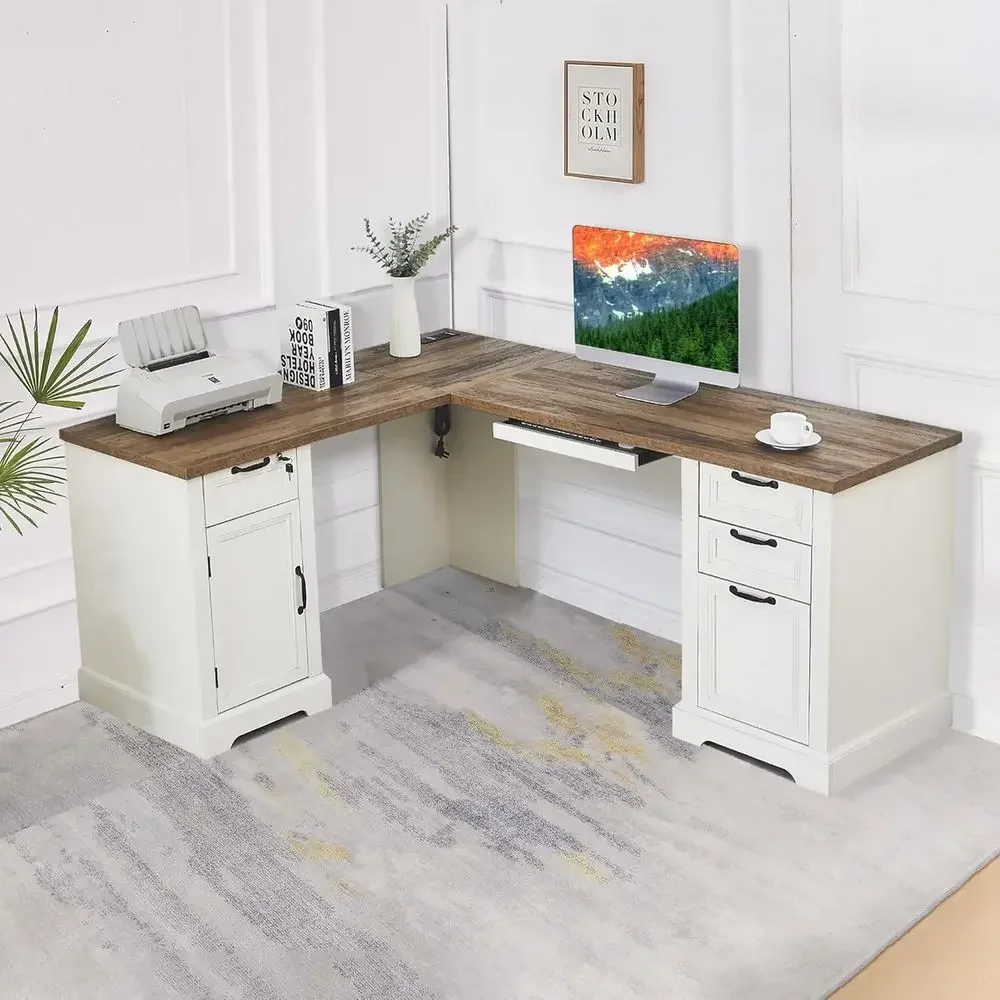 L-Shaped Desk with Charging Station, Keyboard Tray, Lockable Drawers, Storage Cabinet, and Adjustable File Cabinet, White for Ho