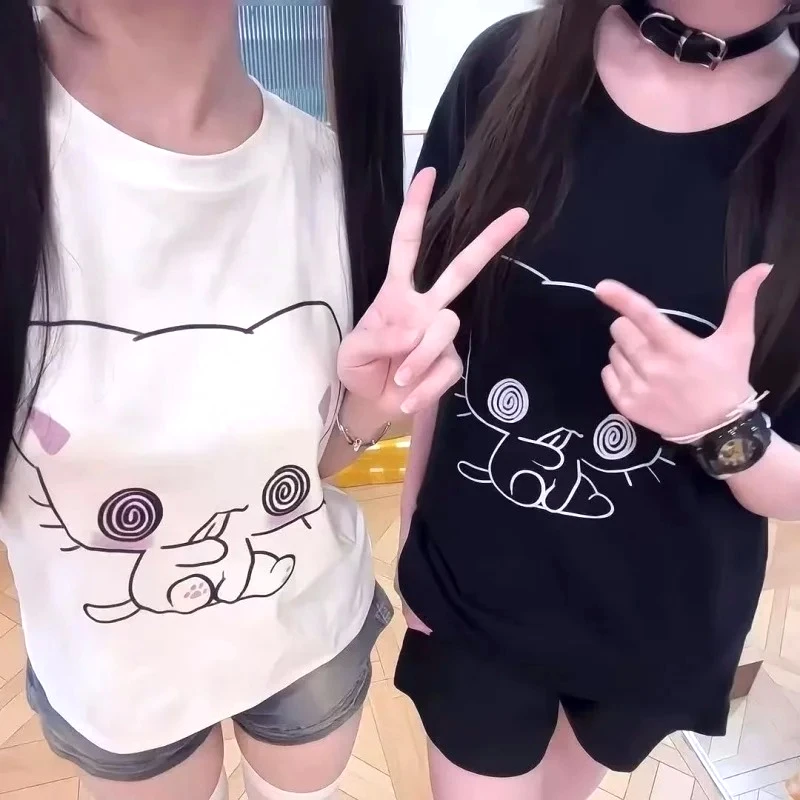 Japanese Subculture Kawaii Cartoon Cat Print T-shirts Summer Popular Harajuku Short-sleeved Tees Women's Loose Casual Cute Tops