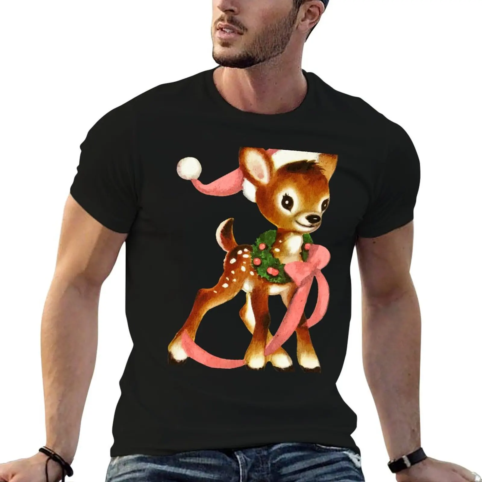 

Retro Christmas Cute Reindeer with Wreath T-Shirt man t shirts for men casual t shirts for man graphic tees T-Shirt