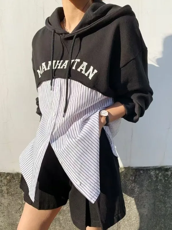 Trendiger, übergroßer, langer Sve-Hoodie für Damen, Patchwork-Streifendruck, bequem, vielseitig, Herbstfaion, lässige Streetwear