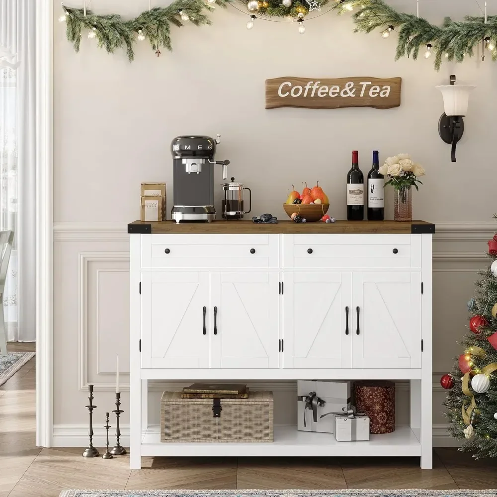 Buffet Sideboard Cabinet with Storage,  Modern Farmhouse Coffee Bar Drawers, Barn Doors Console Table with Shelf for Kitchen