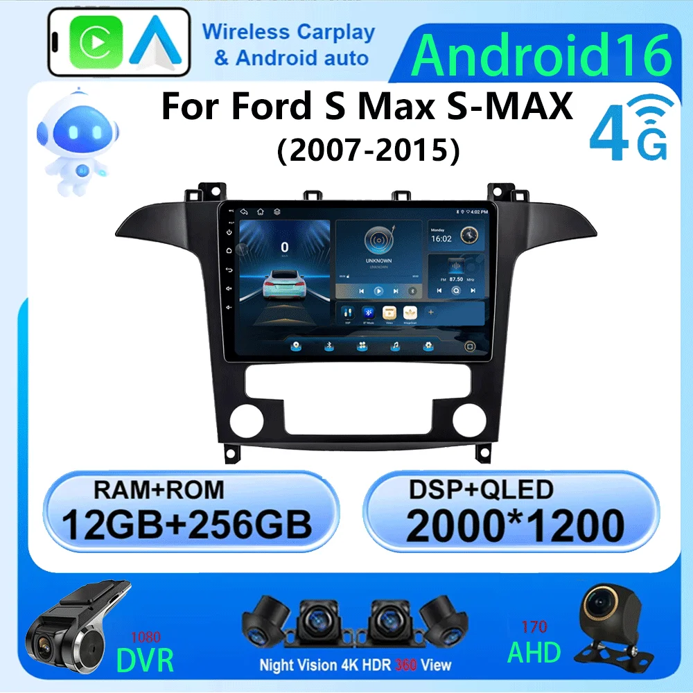 

Видеоплеер Android 16 с Carplay для Ford S-Max 2007-2015, автомобильная мультимедийная система с Wi-Fi+5G, DSP, 2Din, GPS