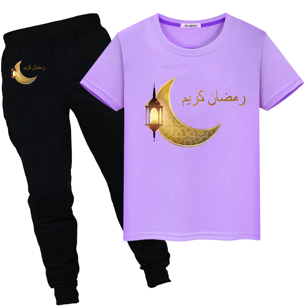 

Muslim Festive Outfit Ramadan Mubarak Print Summer T-shirt Short Tops+pant y2k Kids With Moon Ramadan boy girl Sets Holiday gift