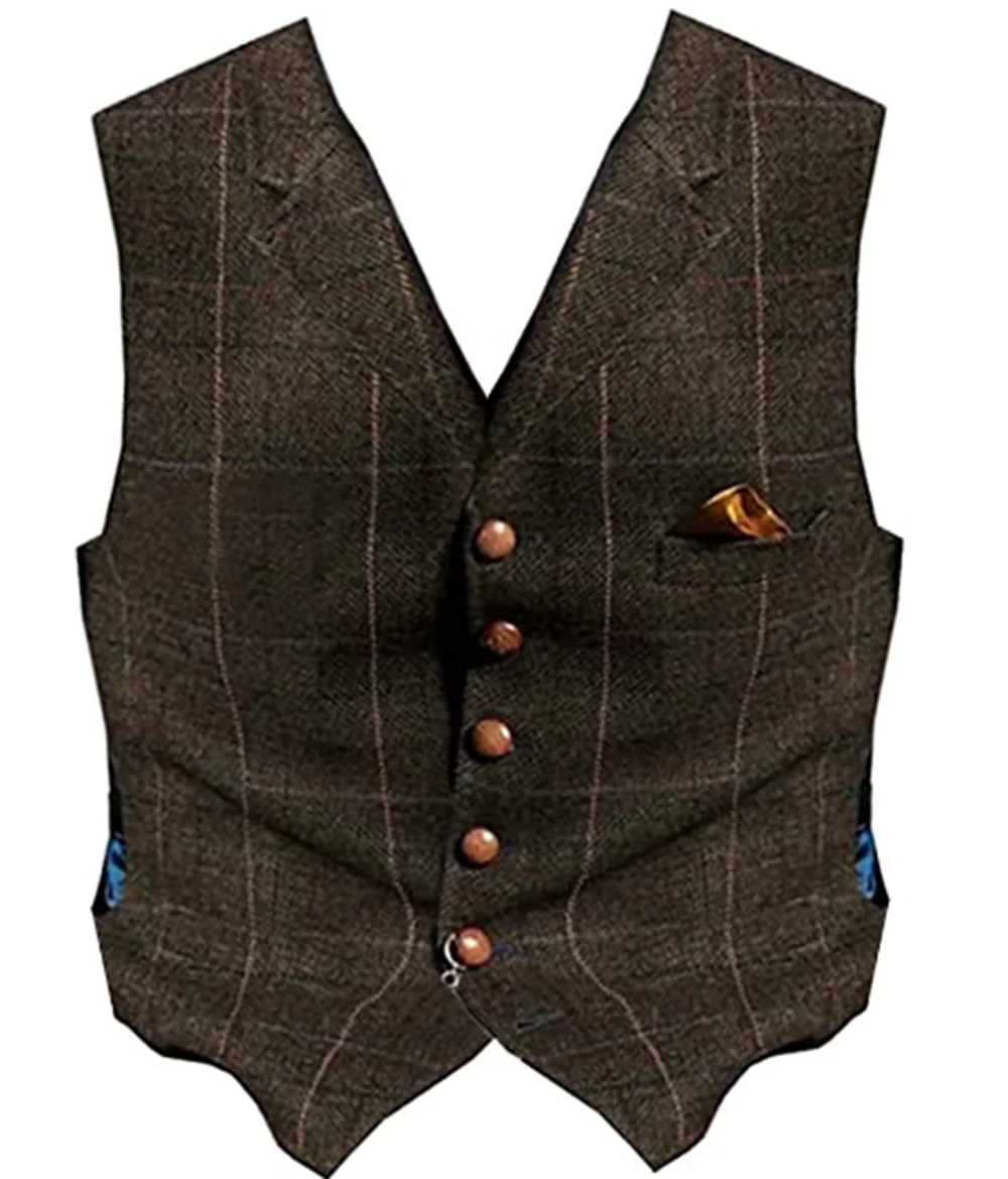 Khaki Lattice Herringbone V-Neck Vest With 5 Buttons Men'S Wedding Clothing Dinner Party Wear Waistcoat Tailored Costume Homme