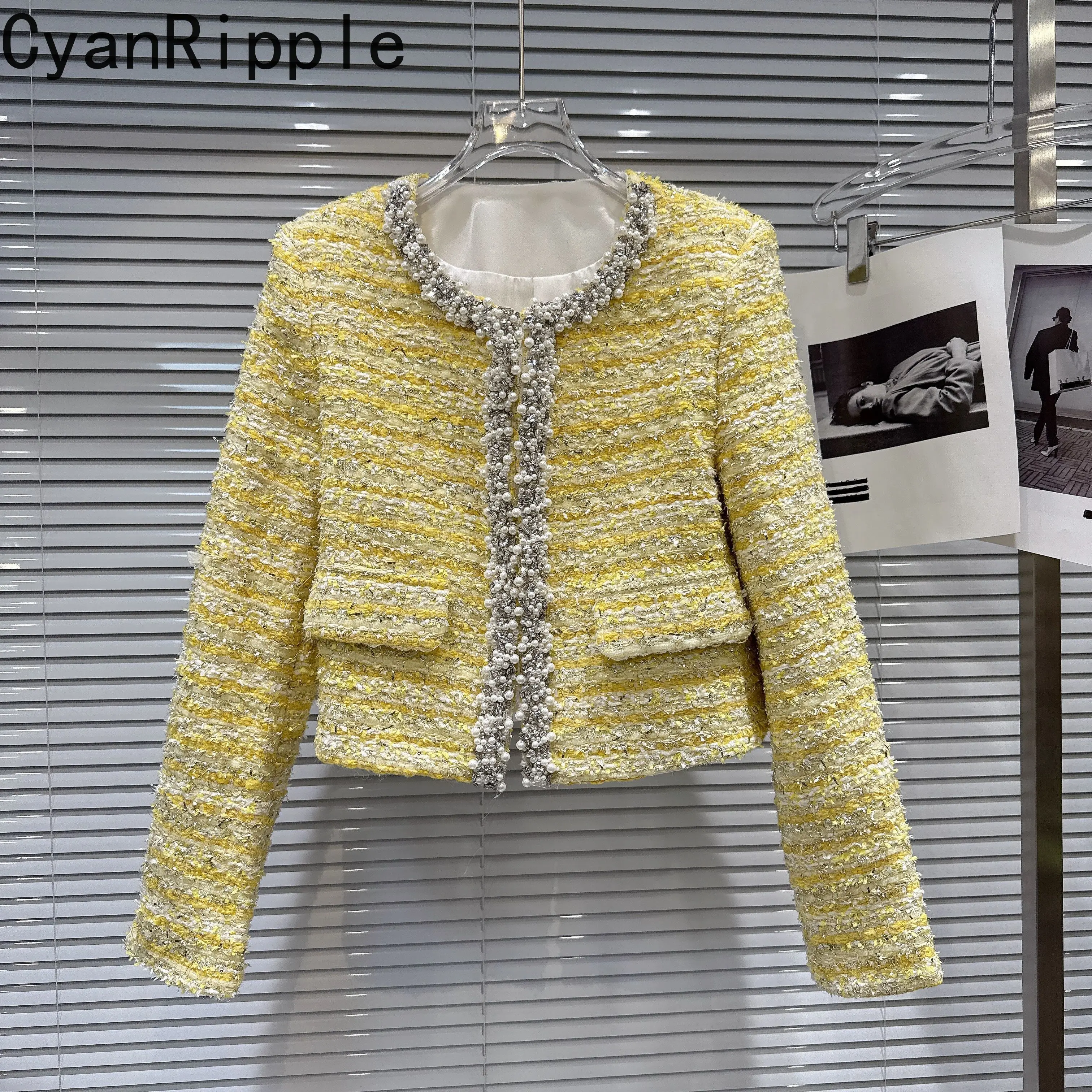 2026 New Spring Autumn Yellow Tweeds Jacket Elegant Lady Round Neck Pearl Beading Diamonds Women Long Sleeve Cardigans Coat