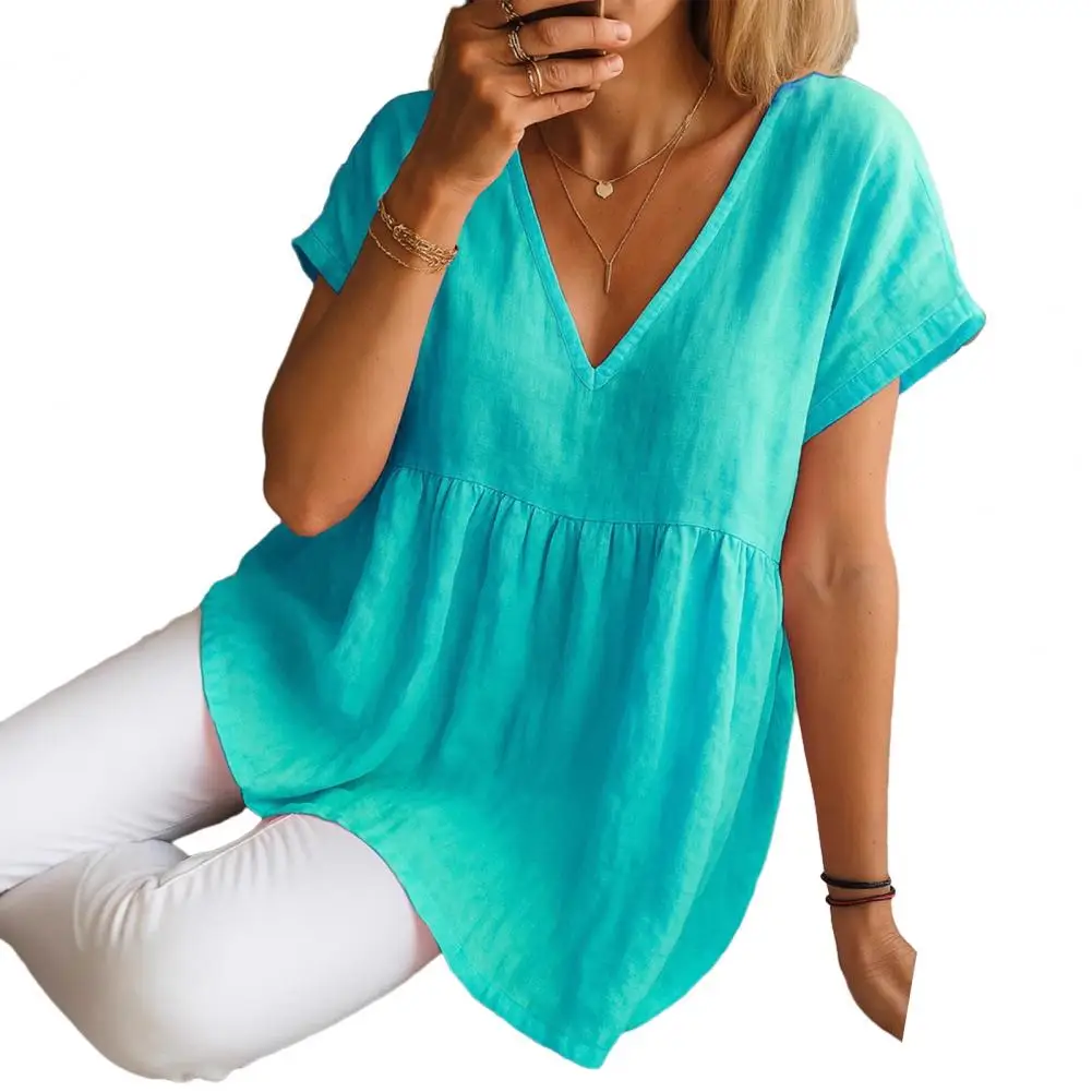

Women Tops V-Neck Short Sleeve Ruffle Splicing Hem Pullover Tops Pure Color Loose Fit A-Line Tee Tops Daily Wear