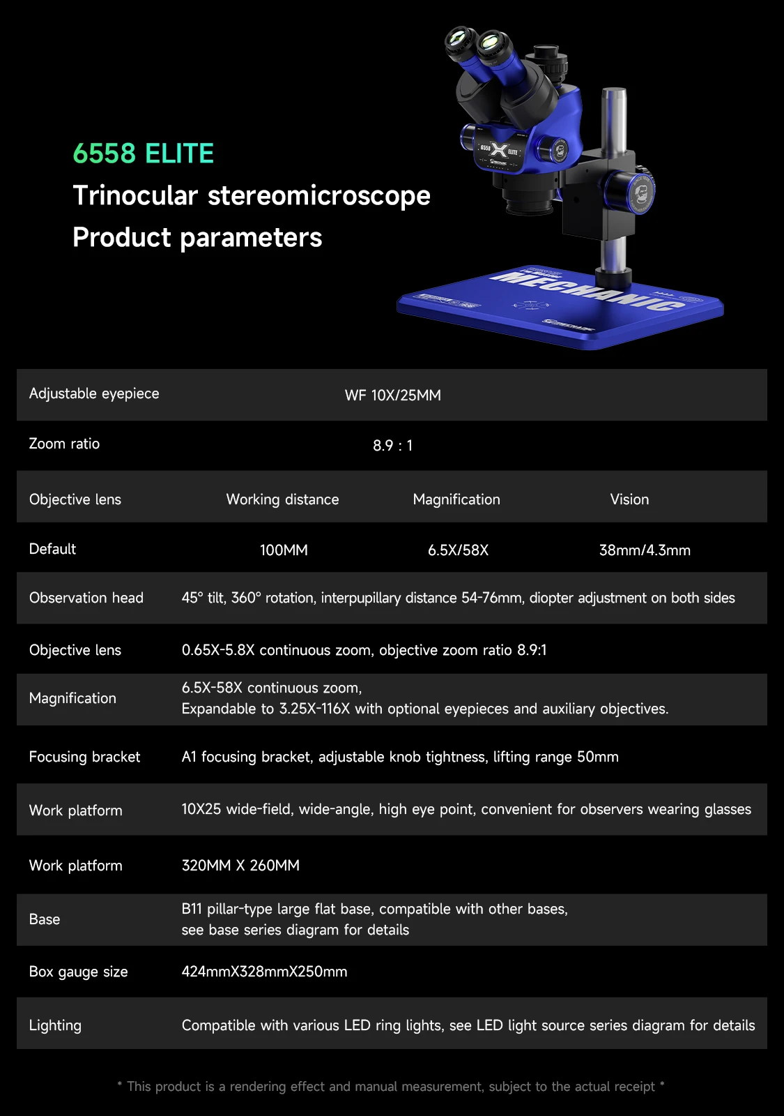 MECHANIC 6558 Elite-B11 Trinoculaire Stereomicroscoop 6.5X-58X Continue Zoom WF10X/25 Breedveld voor PCB-solderen Telefoonreparatie