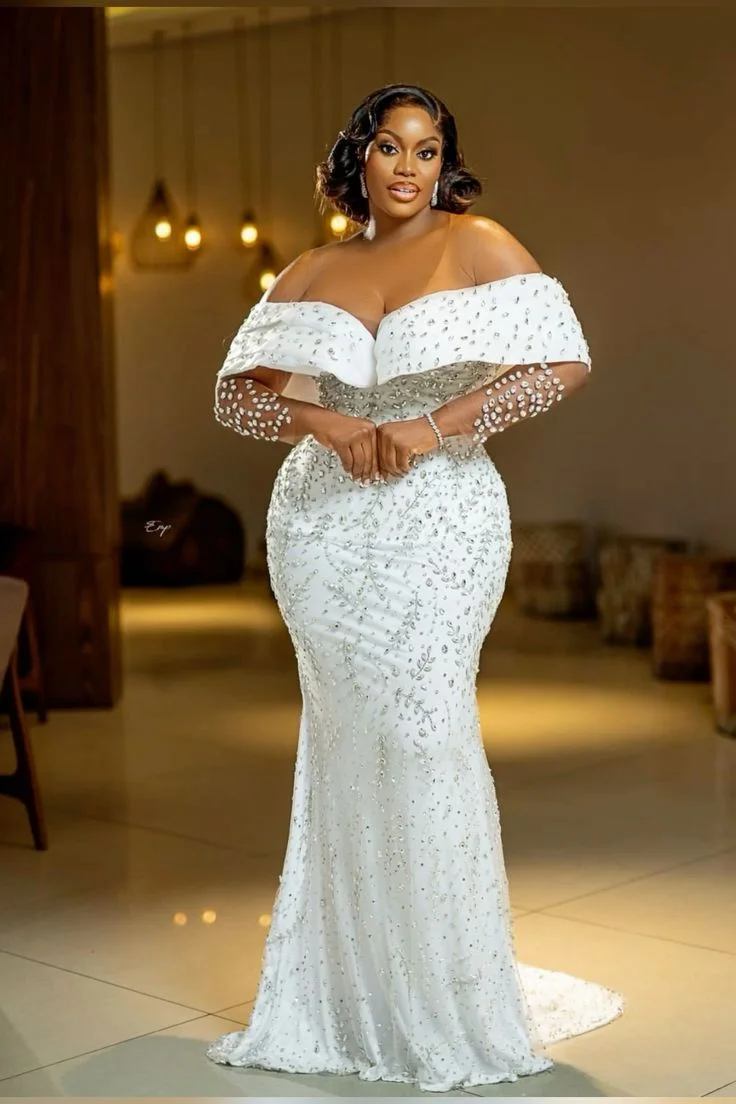 Elegant White Off Shoulder Water Diamond Mermaid Long Dress Transparent Long Sleeve African Wedding Guests Evening Dress Custom