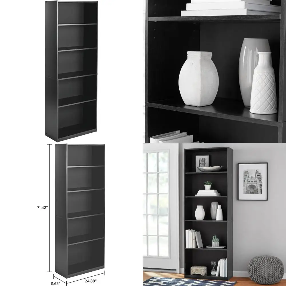 

Стандартный книжный шкаф с 5 полками, черный, вместительный для хранения вещей для дома или офиса, прочный и стильный