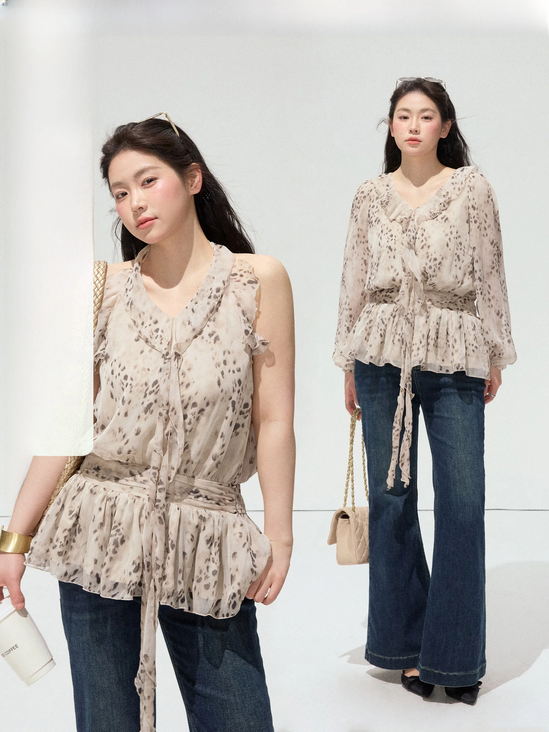 

JULULOOK Studio Dark Rock plus Size Leopard Print Sash Waist in And Long Sleeve Shirt Women's Loose Fit V Neck Polyester Spring