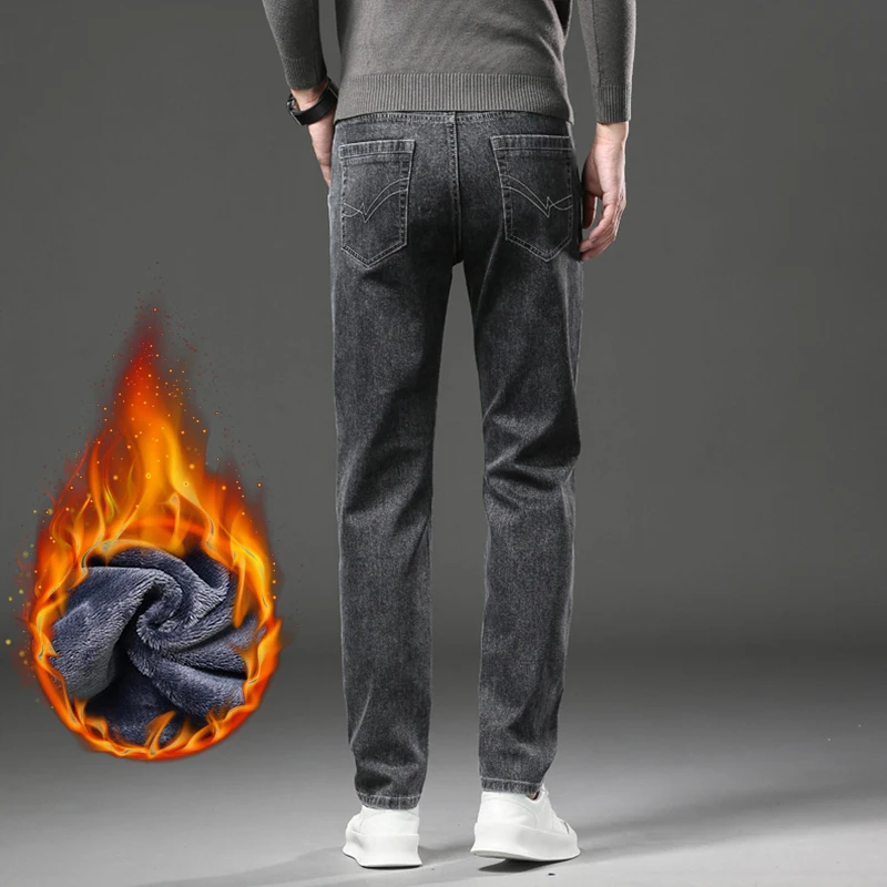 الشتاء الرجال الجينز سميكة الصوف الأعمال موضة خمر نحيل السراويل الطويلة عادية بلون سراويل جينز الشارع الشهير الذكور