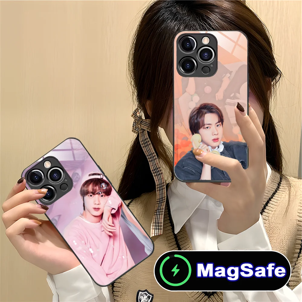 Mobile KPOP Seokjin Phone Case for iPhone 16 15 14 13 12 11 Pro Max Plus Mini MagSafe Wireless Charging Glass Cellphones Smart