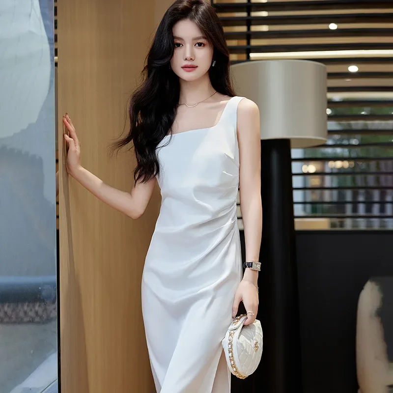 فستان أخضر بدون حمالات للربيع والصيف بدلة تنورة داخلية من الساتان عالي الجودة من الأسيتات