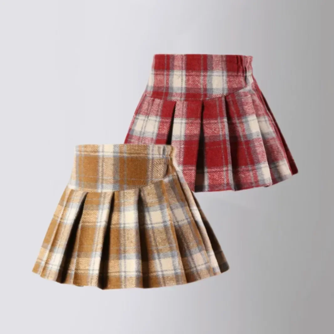 Girls Woolen Plaid Skirt Autumn Winter Thicken Warm A-line Short Skirt College Style Red New Year Christmas Costume Kids Clothes