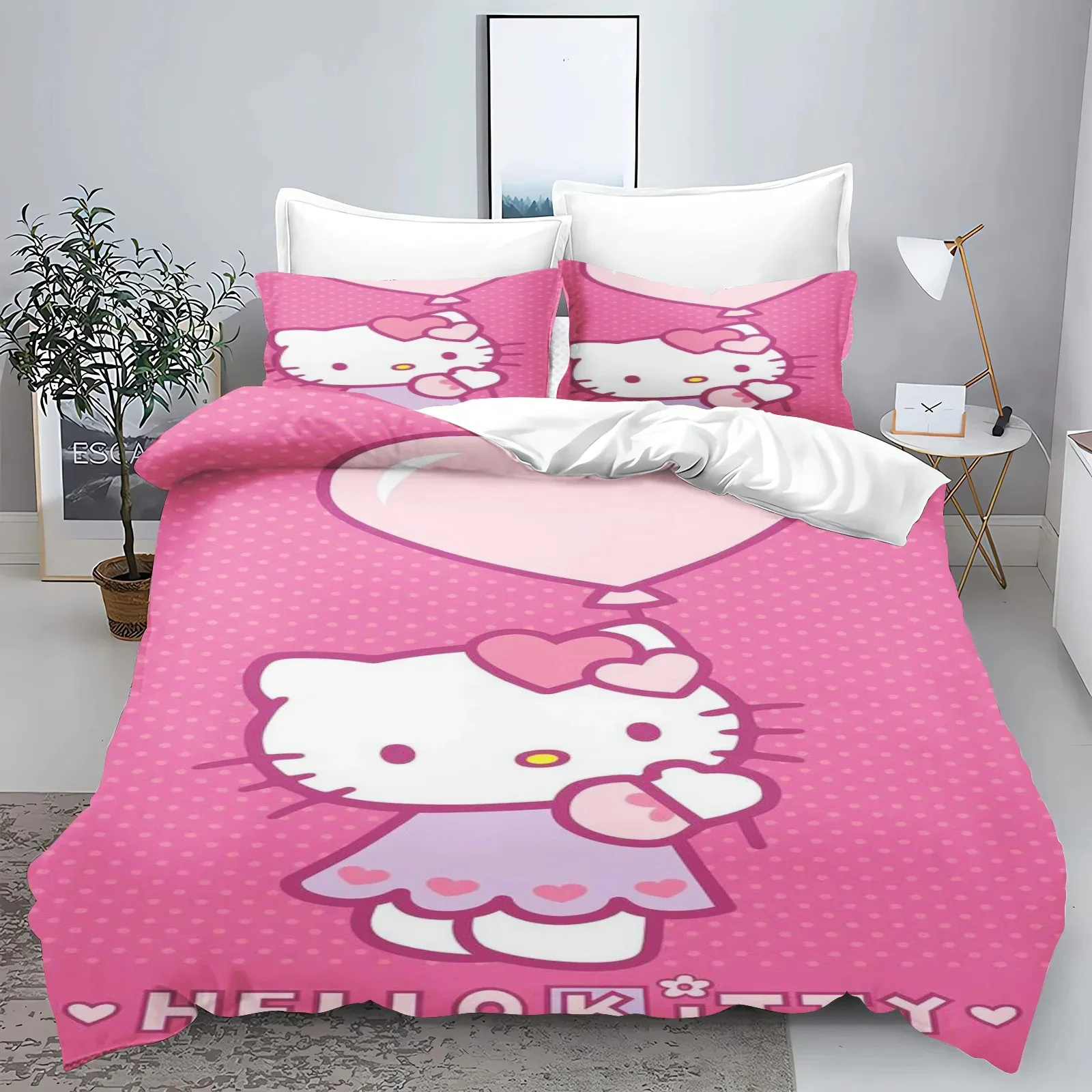 Hello Kitty Bettwäsche-Sets, Kinder-Bettwäsche-Set, 3-teilig, Doppel-Home-Set, 1 Bettbezug, luxuriös, 100 % Polyester, modern bedruckt