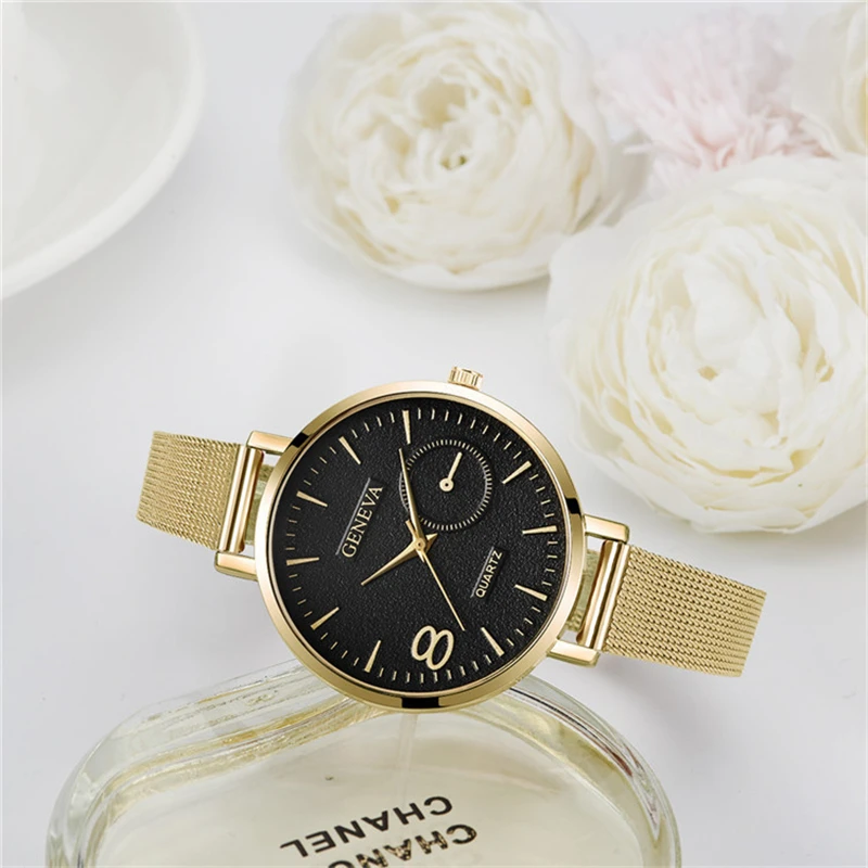 2023 Luxury Watch For Women Round Dial Gold Stainless Steel Bracelet Leather Lady Watches Gifts For Girlfriend Relogios Feminino