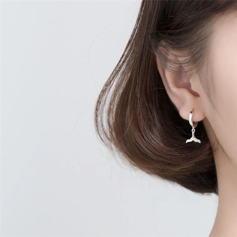 Sole Memory Cute Zircon Fishtail Whale Dolphin 925 Sterling Silver Fine Female Dangle Earrings EA765