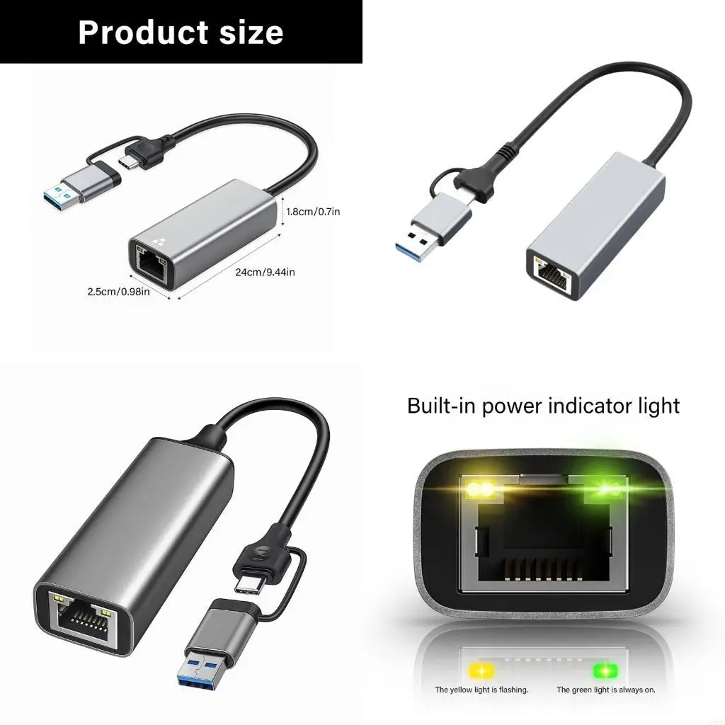 

G6DD Portable Two USB C/USB A RJ45 Ethernet Adapter 1/2.5Gbps Gigabit Networkings Converters Aluminum Housing Stable Connection