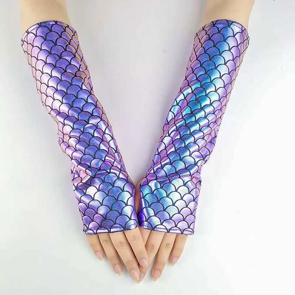 Fancy Colorful Fingerless Gloves Fish Scale Long Cosplay Gloves Arm Sleeves Party