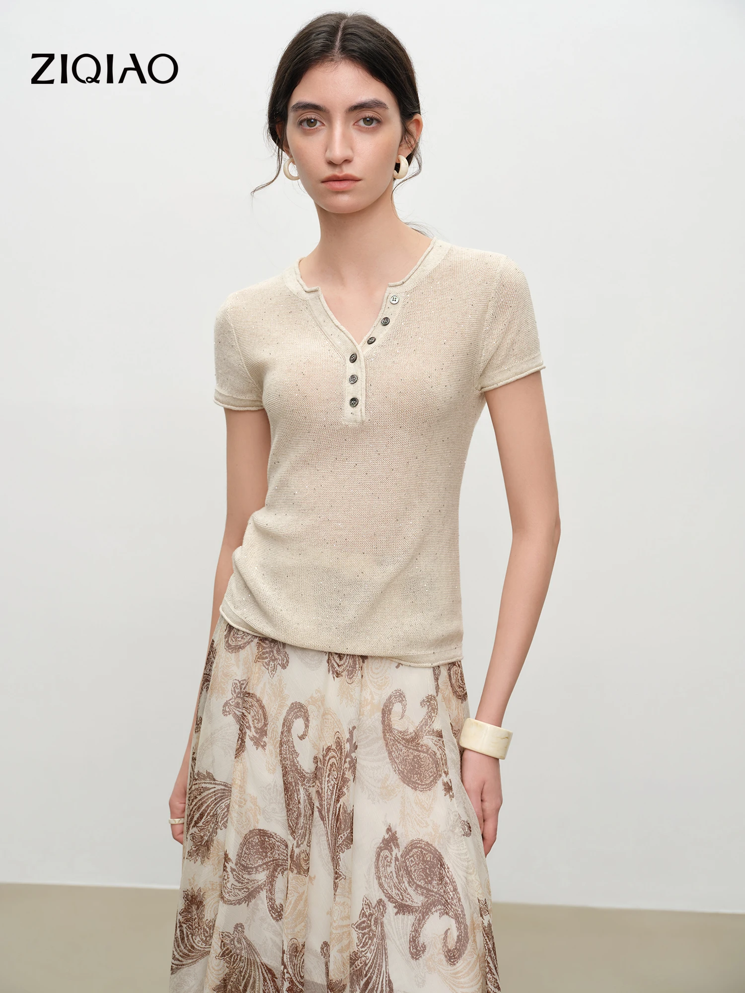 ZIQIAO Women's Short-Sleeve Sequined V-neck Collar Knit Top 2026 Summer New Arrival Sheer Slim Pellovers Solid Casual Trendy