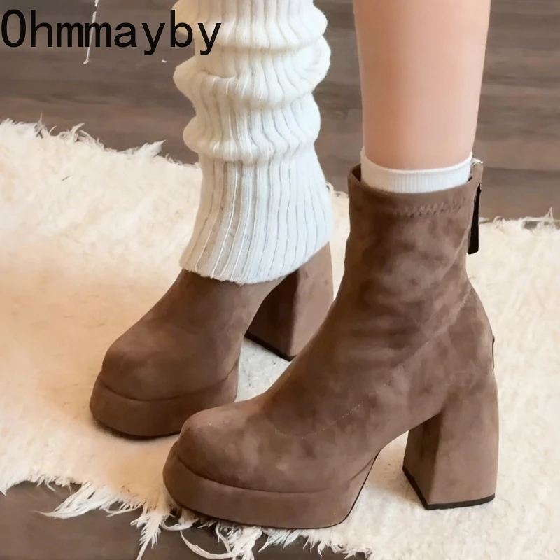 Street Style Winter Women Modern Ankle Boots Fashion Platform Square High Heels Shoes Comfort Keep Warm Short Booties