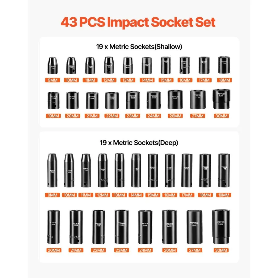Impact Socket Set 1 2 inch 43-delige Impact Sockets Standaard Socket Assortiment 1 2 Inch Drive Socket Set 6-punts Sockets Voldaan