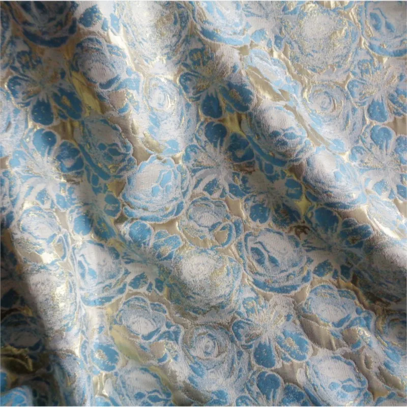 Pink and blue embossed golden thread flower oil painting style jacquard fabric soft beautiful dress children's bag floral