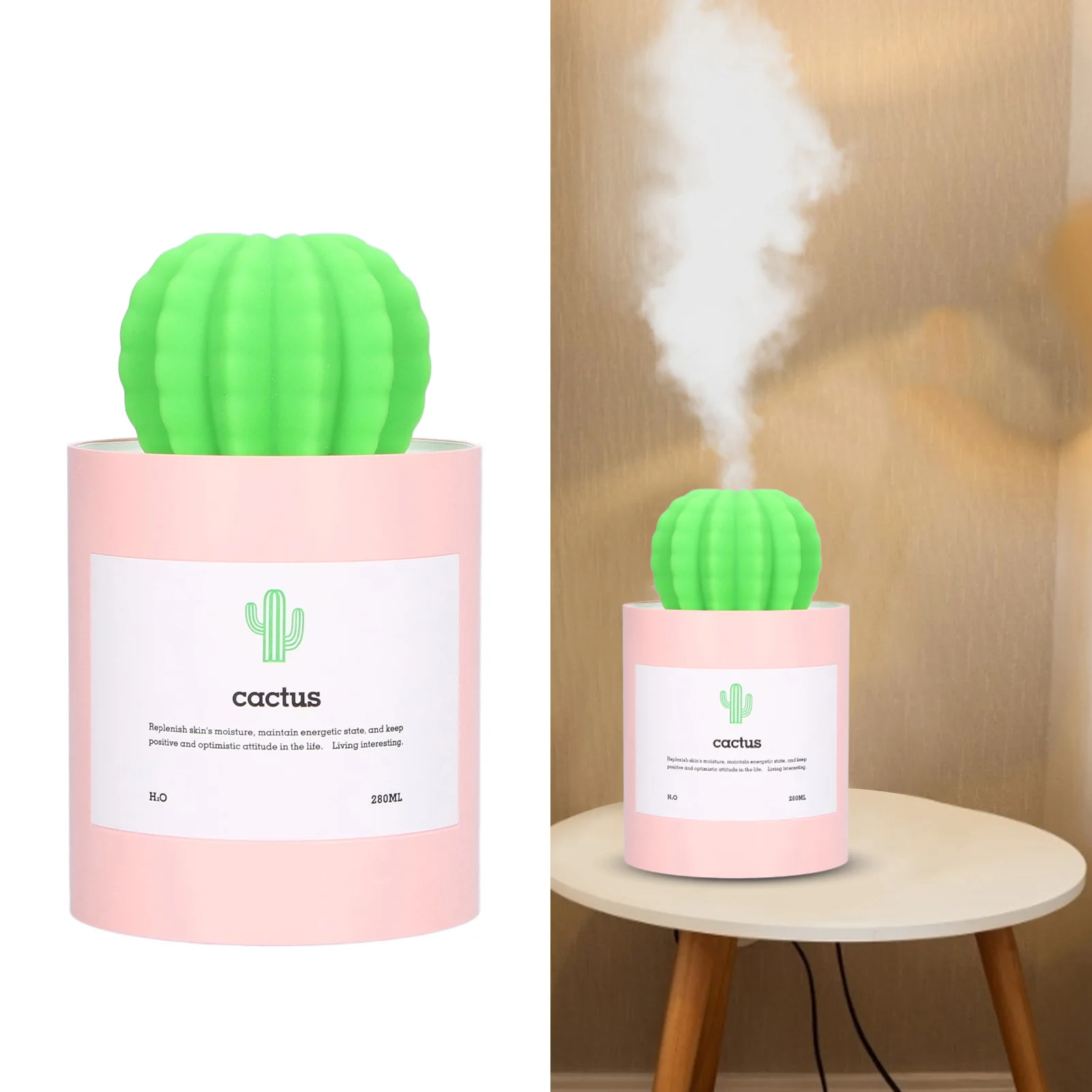 

Настольный увлажнитель Cactus, 280 мл, источник питания USB, бесшумный увлажнитель с нано-распылением, розовый