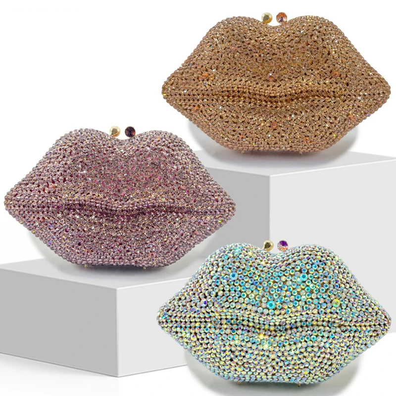 WHTUOHENG Gold/Silver Mouth-Shaped Bags Diamond Evening Bag Ladies Crystal Handbag Party Purse Women Wedding Bridal Clutches