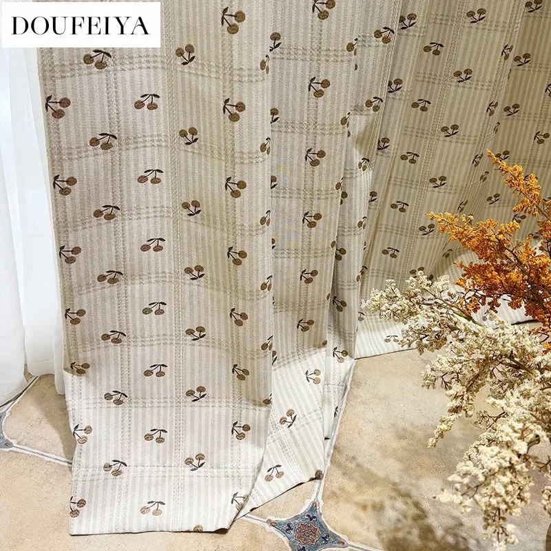Cherry-colored Plaid Textured Cotton-linen Jacquard Fabric with An Embossed Effect Curtains for Living Dining Room Bedroom