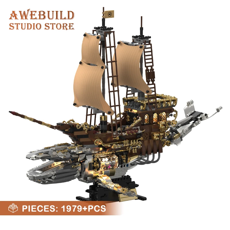 Vintage Steampunk Mecha Whale Ship Building Blocks 1979pcs Retro Steam Boat MOC Bricks Toys Sci-Fi Sailboat Model Birthday Gifts