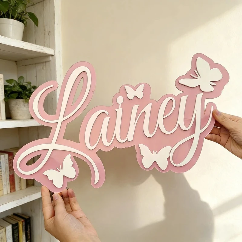 Personalized Baby Name Plaque, Blue Design with White Butterfly, Minimalist Wall Decoration for Kids Nursery