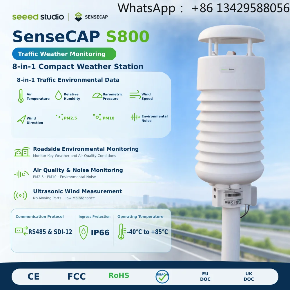 SenseCAP S800 8-in-1 Compact Ultrasonic Road Weather Station Sensors PM2.5 PM10 Noise RS485 Modbus IP66 Highway Traffic