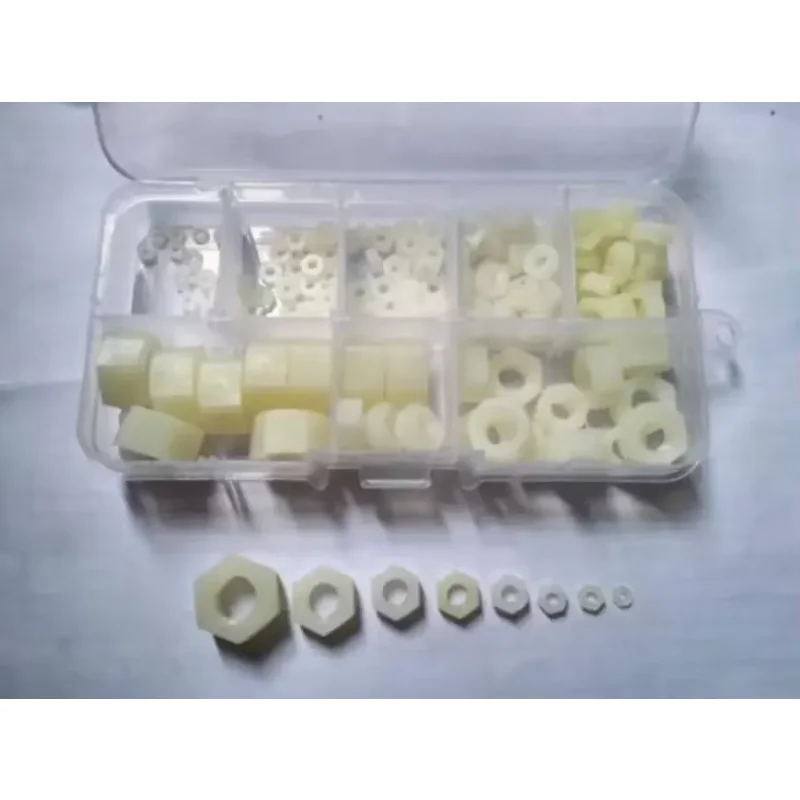 

MSTHREE 160 шт. M2/M2.5/M3/M4/M5/M6/M8/M10 Нейлоновая шестигранная гайка Белые шестигранные гайки Ассортимент пластиковых гаек