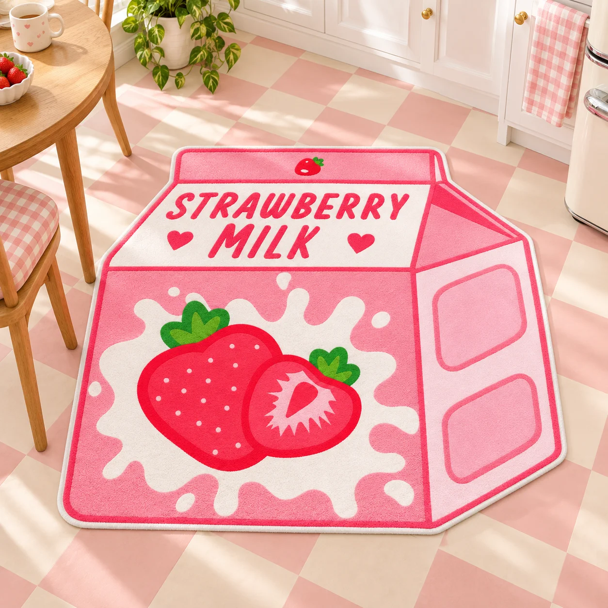 Strawberry Milk Carton Shaped Area Rug, Pink Flannel Floor Mat for Kitchen, Bedroom, Living Room, Entryway and Home Decor