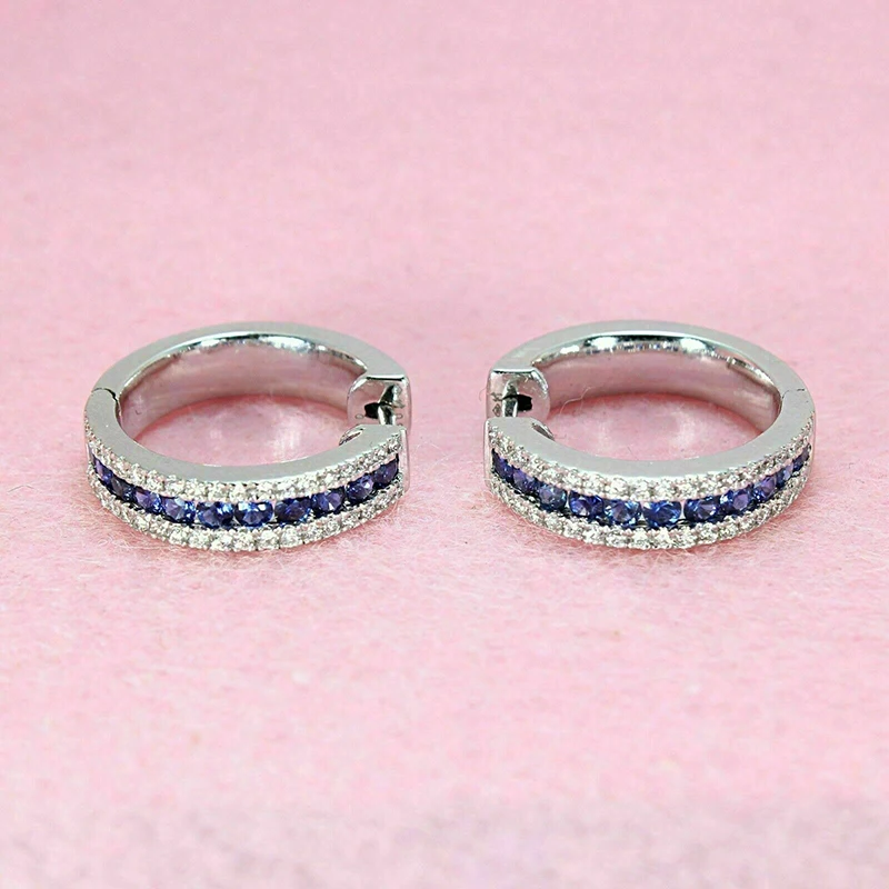 Huitan Blue CZ Hoop Earrings for Women Newly Designed Temperament Female Circle Earrings Silver Color Modern Fashion Jewelry