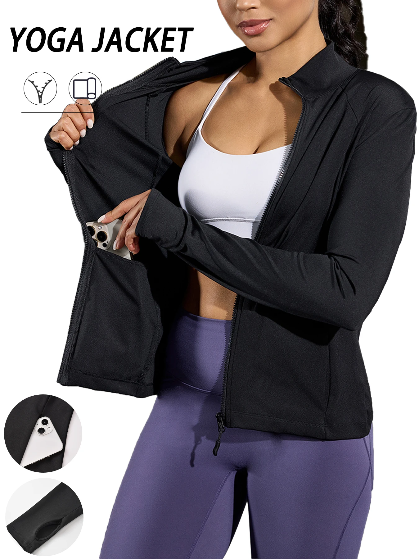 

Женская куртка для йоги для тренировок с полной молнией и отверстиями для большого пальца, идеально подходит для бега, пеших прогулок и многого другого