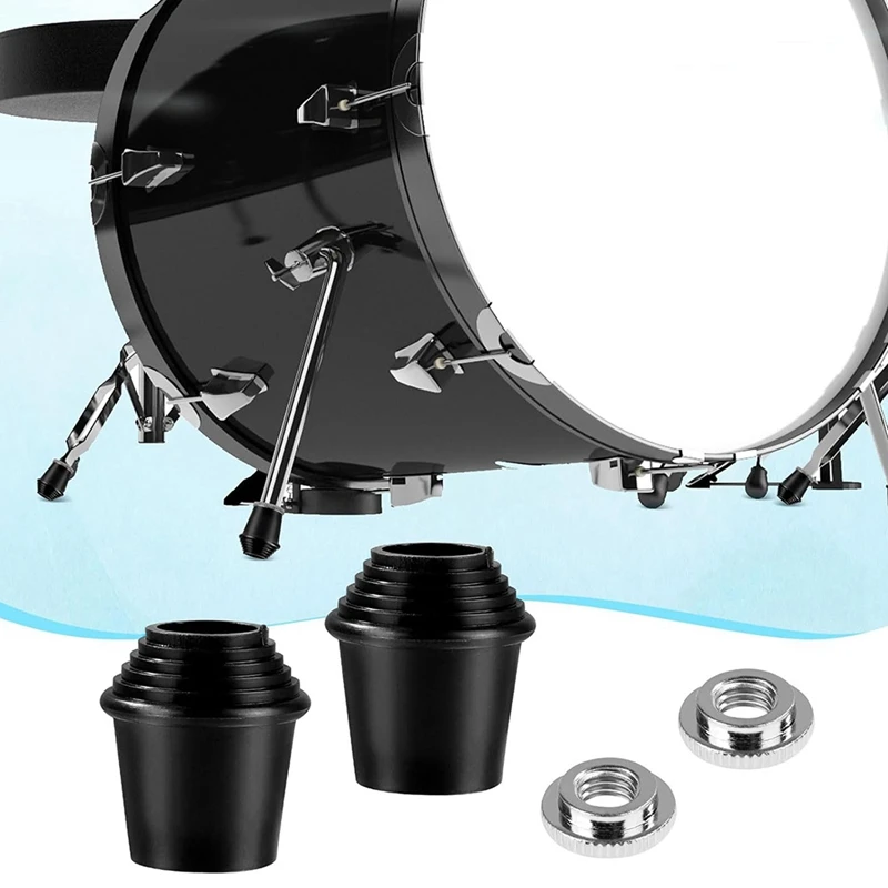 2 pacotes de pés de esporão de tambor de baixo, pés de borracha rosqueados das pernas do tambor de baixo com porcas de bloqueio para baixo