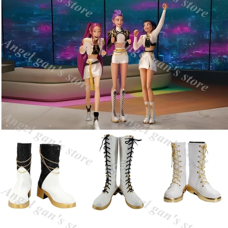 Anime kpop caçadores de demônios meninas rumi zoey mira cosplay traje sapatos branco artesanal botas de couro falso botas de alta qualidade
