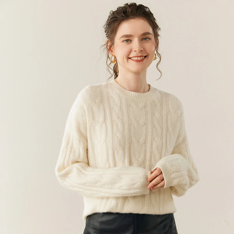 Women's O-neck Sweater 100% Cashmere Knitwear Loose Pullover Twist Flower Autumn Winter Thicken pURE Cashmere Clothing Tops